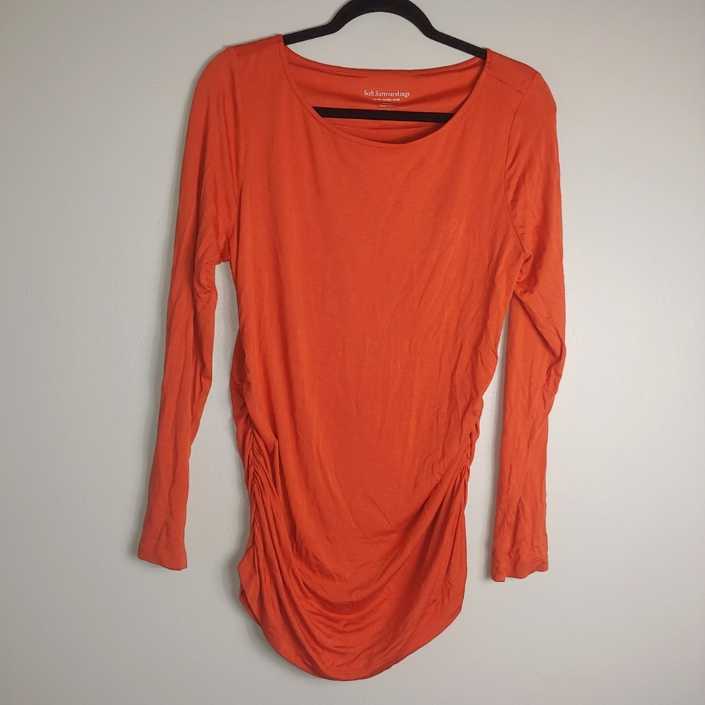 M Soft Surroundings Orange Ruched Stretch Long Sleeve Top